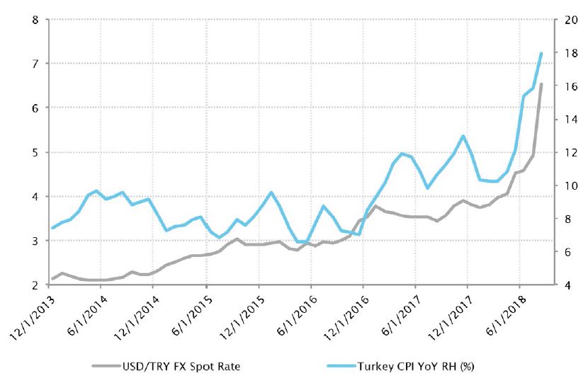 Taux au comptant USD/TRY et indice IPC turc (sur un an, en %)