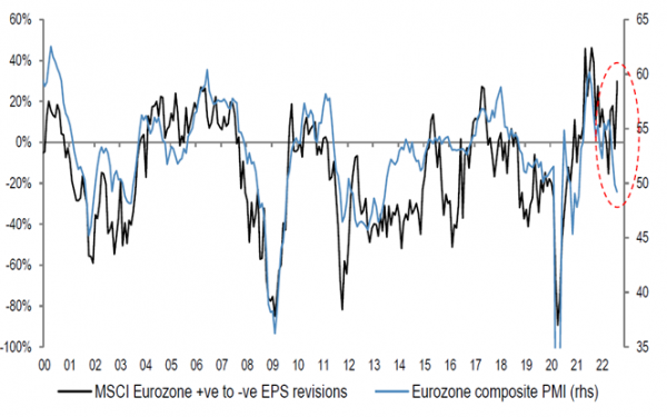 Earnings revisions in Europe appear disconnected from the economic growth slowdown