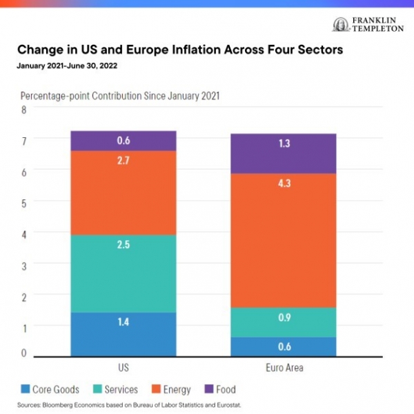 The different contributors to price increases in the US and Europe between January 2021 and June 2022 
